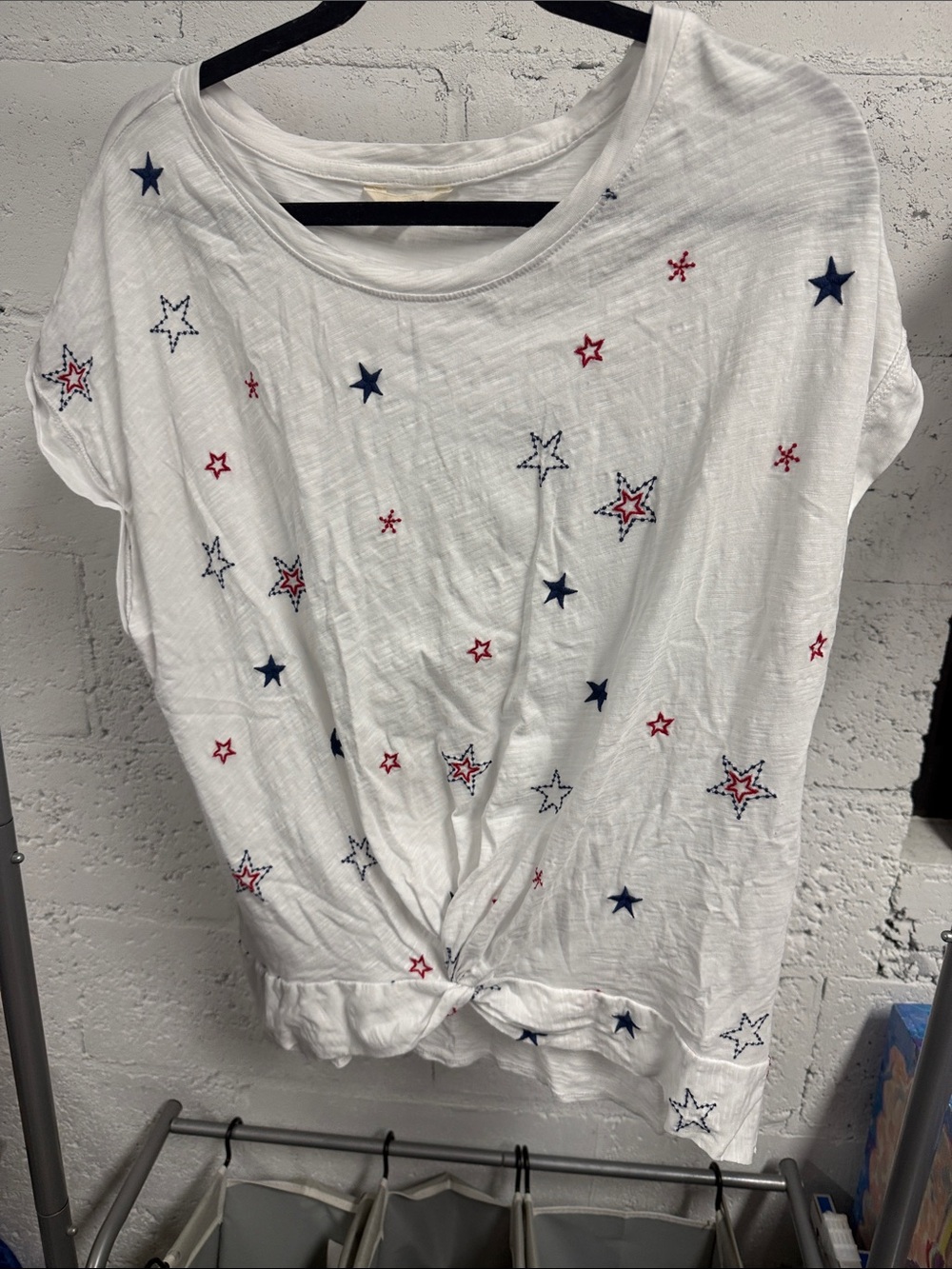 Women’s White Star-Embroidered Tie-Hem Top LUCKY BRAND Size Medium - Picture 1 of 5